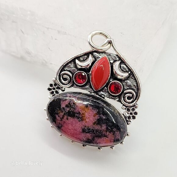 Crescent Moon Rhodonite Coral Handmade Pendant Jewelry Woman Gift 2" - Picture 4 of 4